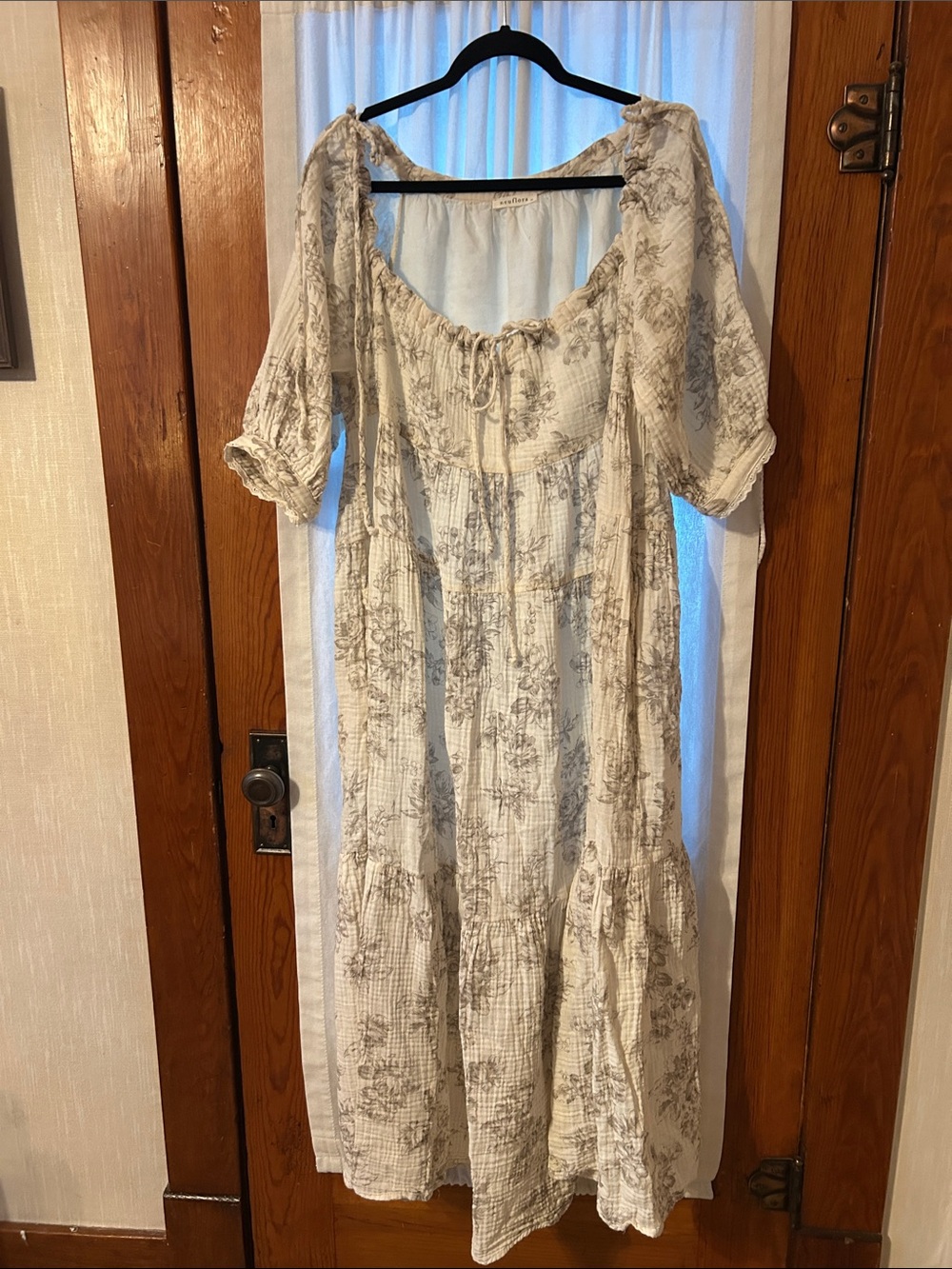 Neuflora Cream Floral Midi Dress with Puff Sleeves 100% cotton